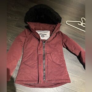 Women's Burgundy Winter Parka with Faux Fur Hood